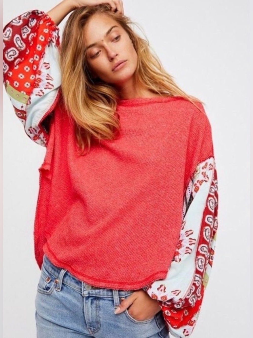 Free People We the Free Red Blossom Thermal Top with Paisley Sleeves, size XS